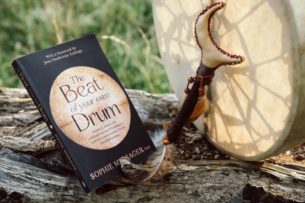Book the beat of your own drum by Sophie Messager placed on a log beside a drum in nature
